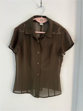 Women's Olive Green Short Sleeve Semi-Sheer Button Front Top
